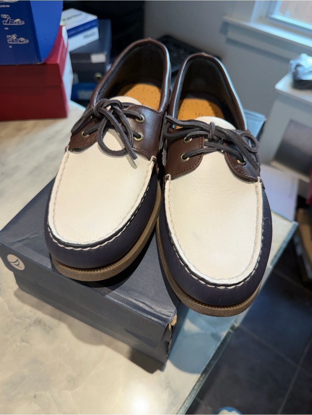 Sperry Leather Boat Shoes - White, Brown, Navy